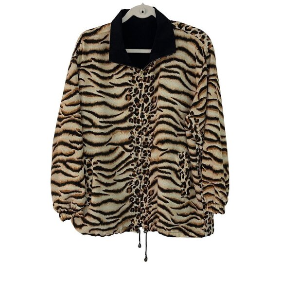 Vintage Womens Tiger Print Reversible Bomber Jacket Sz Large Tan Black Zip Front - Picture 2 of 13